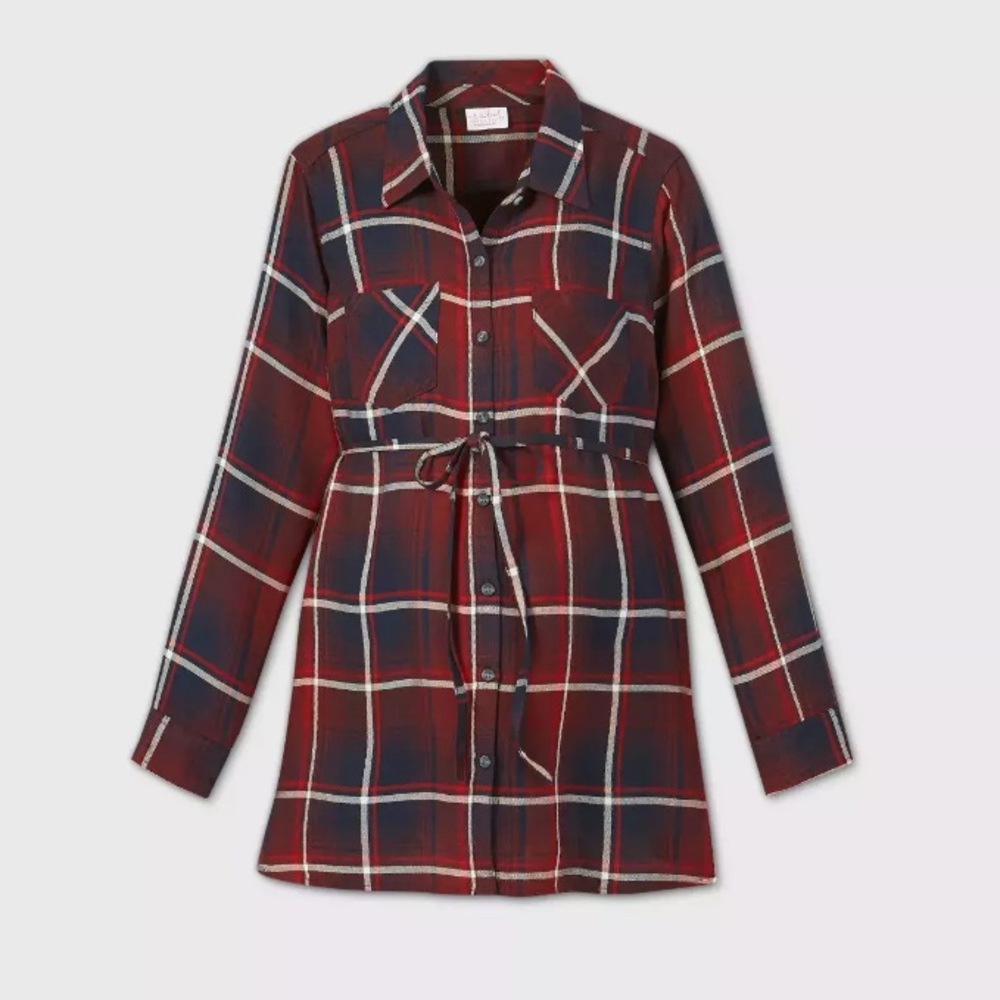 Isabel Maternity Plaid Button Down Tunic Top Blue Red New